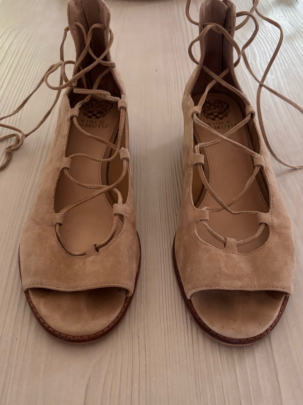 Vince Camuto Tan Suede Lace-Up Peep Toe Wedges